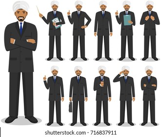 Business concept. Detailed illustration of muslim or indian businessman standing in different positions in flat style isolated on white background. Vector illustration.