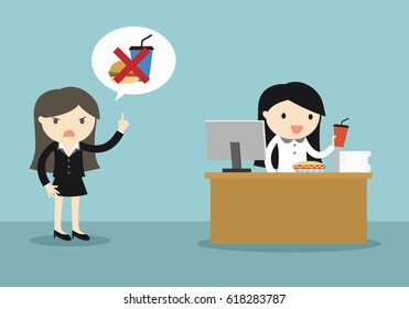 Business concept, Do not eating while working. Vector illustration.