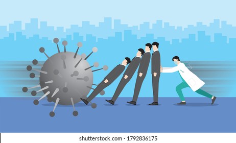 Business concept. Doctor support businessmen falling down like domino from economic impact from COVID-19 coronavirus pandemic. The big virus dash to destroy business and people health. 