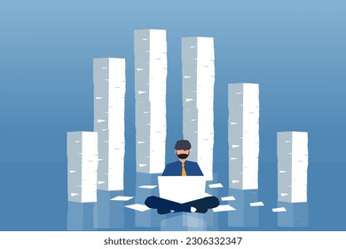 Business concept document and overworked vector illustration of employee working with documents on background of large stack of papers.
