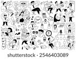 Business concept doodle line art, big set, bundle. Businessman and woman in various actions and activities, office people, cute character design, hand drawn sketch, linear, black and white ink.