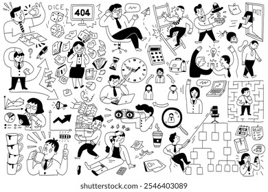 Business concept doodle line art, big set, bundle. Businessman and woman in various actions and activities, office people, cute character design, hand drawn sketch, linear, black and white ink.