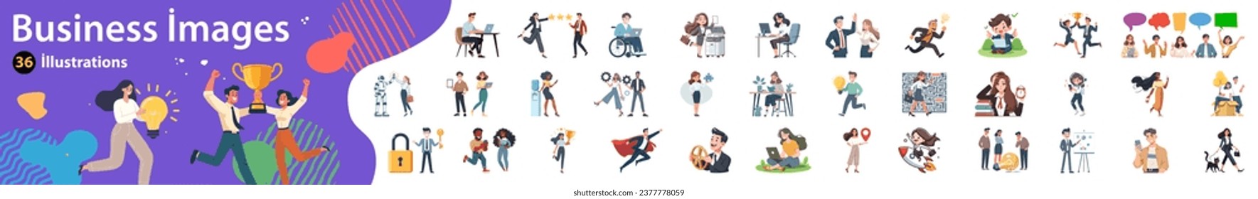 Business concept drawings. Mega Set. Scenes of men and women participating in business activities. In the white background, isolated flat graphic vector drawings.