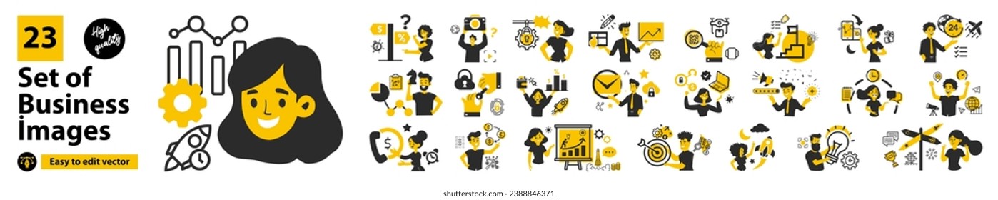 Business concept drawings. Mega Set. Scenes of men and women participating in business activities. In the white background, isolated flat graphic vector drawings.