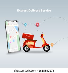 Business concept of e-commerce to delivery the goods by motorcycle, online food delivery by use mobile application to see map on the screen in the background of route of the shipment.