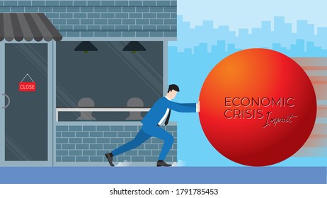 Business concept of economic impact from COVID-19 pandemic. Dead end of businessman fights and resists against crisis by push the big red ball to stop it before destroy his close business.