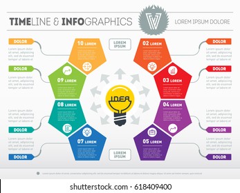 Business concept with eight options - from idea to final product. Vector infographic of technology or education process. Light bulb with inscription "idea".  Web Template of a circle chart, diagram