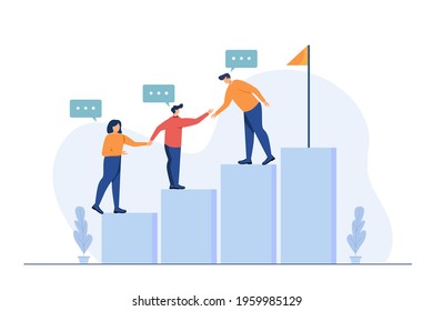 Business concept. Employees giving hands and helping colleagues to walk upstairs. Team metaphor. Vector illustration flat design style. Symbol of teamwork, cooperation, partnership.