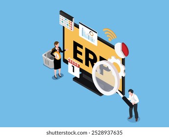 Conceito de Negócios de Integração do Sistema ERP com a ilustração vetorial isométrica 3D Calendar and Analytics