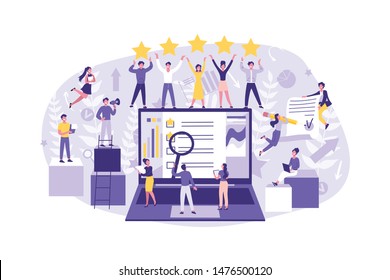 Business Concept Evaluations Leadership, Search, Analysis. Big well Coordinated Group of Clerks Perform their Job, Test, Signed Contract. Team Work of Businessmen at the Office. Cartoon flat Design