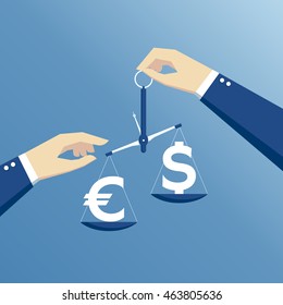 business concept exchange rate, hands holding the scales and weighed the dollar and euro flat design