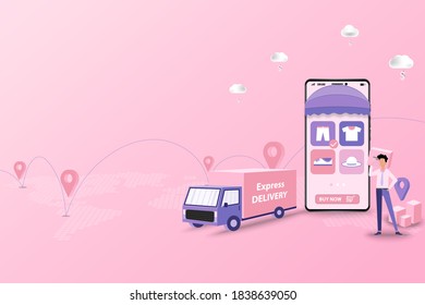 Business concept of express delivery, businessman is preparing the shipment to deliver to the customer that ordered from application on mobile phone in pink and purple theme background.