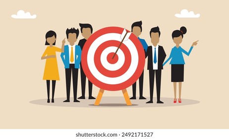 Business concept featuring a large target with a bullseye. For teamwork, success, winning goal, team strategy, leadership development, company target achievement, and business strategy.