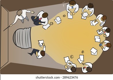 Business concept. Figure with the image of the table in the form of light bulbs during the conference.