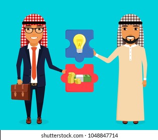 Business concept. Financing and support for new ideas. The Arabs by nationality. Businessmen with puzzles in hand. In flat style. Cartoon.