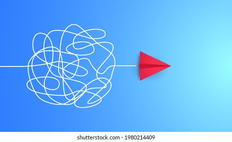 Business concept finding a solution or way out of the situation, red paper plane with a confusing path on blue background changes direction, new idea, change, courage, innovation, creative decision.