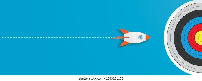 Business concept of the first startup with a rocket on the blue background. Eps 10 vector file.