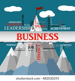 Business concept. Flag on top of the mountain. Success symbol. Background of torn paper, tag cloud. Vector graphics, flat style