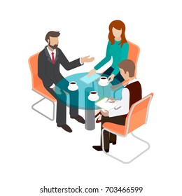 Business Concept Flat 3d Isometric Infographic Vector. Group Of People Office Staff At The Round Table Talking. 