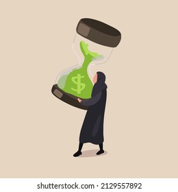 Business concept flat active Arab businesswoman holding up large hourglass. Time management and deadline concept. Financial investment. Successfully task organizing. Graphic design vector illustration