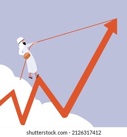 Business Concept Flat Arab Businessman Holding Briefcase, Pulling Arrow Graph Chart Up With Rope. Career Rise To Success. Depicts Gain, Profit, Boost. Ambition Winning Goal. Design Vector Illustration