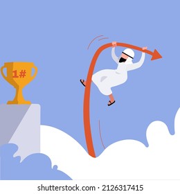 Business concept flat Arab businessman jumping using pole vault to reach trophy. Business competition, career challenge and goal achievement. Male manager reach aim. Graphic design vector illustration