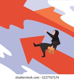 Business concept flat Arabian businesswoman pointing, driving arrow upward. Business moving forward to achieve success. Leadership vision for career growth, future target. Design vector illustration