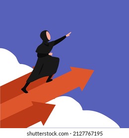 Business concept flat Arabian businesswoman leader stands on arrow and points direction forward. Female worker flying using rapid up arrows symbol. Success business manager. Design vector illustration
