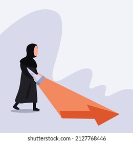 Business Concept Flat Arabian Businesswoman With Flashlight Uncovering Hidden Arrow Sign. Searching Direction Clue. Uncovering Direction. Idea Of Discovering Hidden Success. Design Vector Illustration