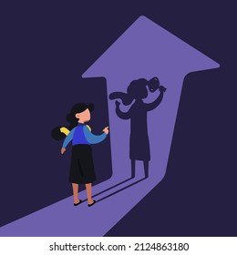 Business concept flat businesswoman holding winning trophy shadow and arrow pointing up. Woman facing lifting trophy shadow. Decision making choices success in future goal. Design vector illustration