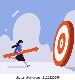 Business concept flat businesswoman run and holding arrow spear to hit target. Goal achievement, successful business, hard working for goal, aim mission challenge. Graphic design vector illustration