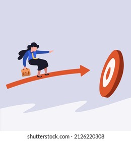 Business concept flat businesswoman standing flying on arrows and hitting bullseye. Female manager on arrow. Shoot the target. Accuracy, focus on business target. Graphic design vector illustration