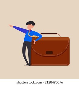 Business concept flat confident businessman leaning on leather huge briefcase and pointing forward. Male manager standing with resting pose thinking of success. Graphic design vector illustration