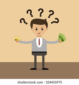Business concept in flat design. The choice between cash and credit cards. Vector illustration