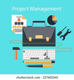 Business concept in flat design of project management  with portfolio as LCD monitor of desktop computer, stationery and tools