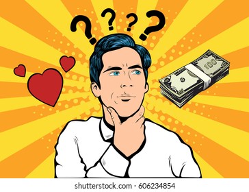Business concept in flat design. The question of choice between love and money family and career. Vector illustration