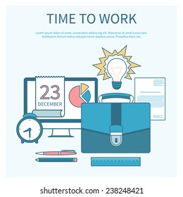 Business concept in flat design for time to work, work process, project and time management with idea, timing and business symbols