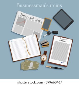 Business concept flat design top view. Businessman items.