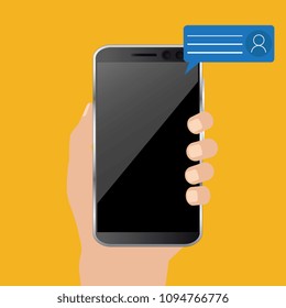 Business concept, flat design, vector. Hand holding smart phone. 