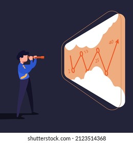 Concepto de negocio trabajador de diseño plano con telescopio buscando oportunidades. Empresario financiero con binoculares buscando oportunidades frente a la creciente gráfica. Ilustración del vector