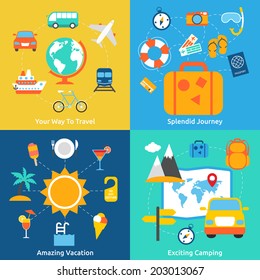 Business concept flat icons set of travel splendid journey amazing vacation and exciting camping infographic design elements vector illustration