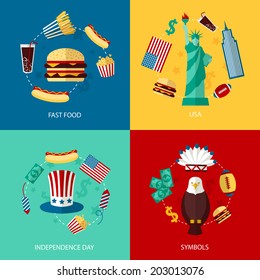 Business concept flat icons set of USA landmarks and fast food independence day symbols infographic design elements vector illustration