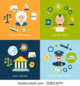 Business concept flat icons set of law and order judicial proceedings legal services police investigation infographic design elements vector illustration