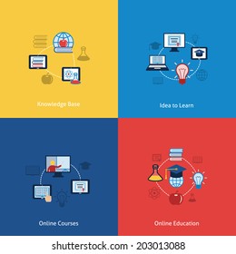 Business concept flat icons set of online education courses knowledge base and learning ideas infographic design elements vector illustration