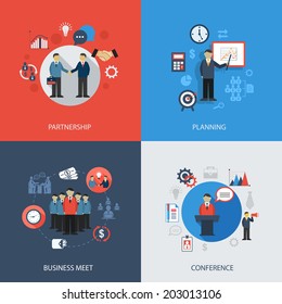 Business concept flat icons set of meeting partnership planning conference infographic design elements vector illustration