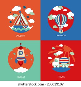 Business concept flat icons set of toys transport cartoon sailboat balloon and rocket truck infographic design elements vector illustration