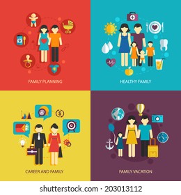 Business concept flat icons set of family planning health career and vacation infographic design elements vector illustration