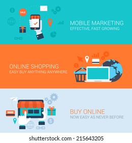 Business concept flat icons set mobile marketing online shopping buy easy pay and vector web illustration website click infographics elements