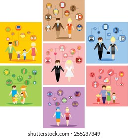 Business concept flat icons set of family, health, married, career and vacation infographic design elements vector illustration
