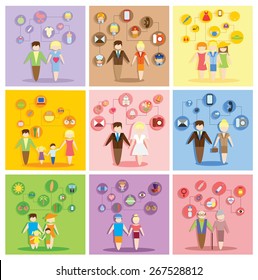 Business concept flat icons set of family, health, career and vacation infographic design elements vector illustration
